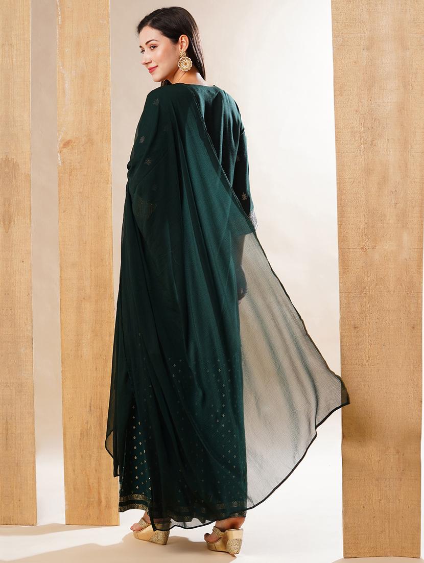 globus women green embroidered neckline straight festive kurta set with palazzos & dupatta - 21178343 - Standard Image - 2