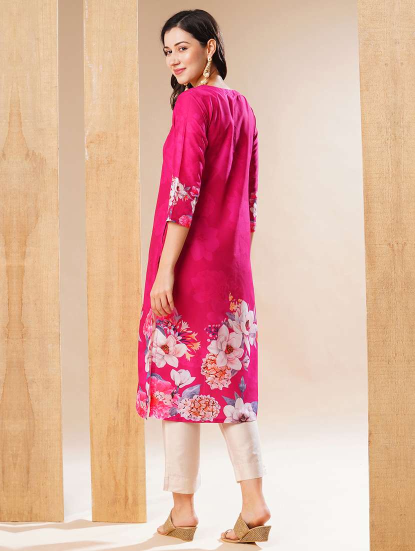 globus women pink embroidered v-neck & allover floral printed straight kurta - 21178346 -  Standard Image - 2
