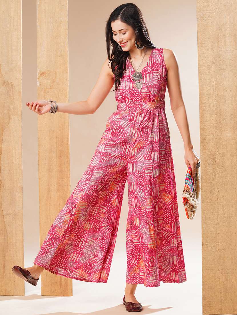 globus women pink printed wrap neck belted flared leg fusion jumpsuit
