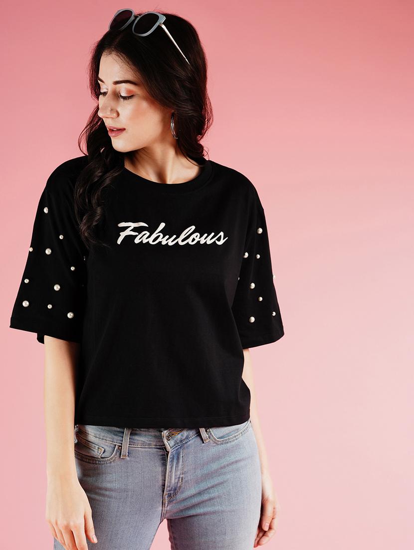 globus women black studded & typography printed drop shoulder boxy t-shirt - 21178352 - Zoom Image - 0
