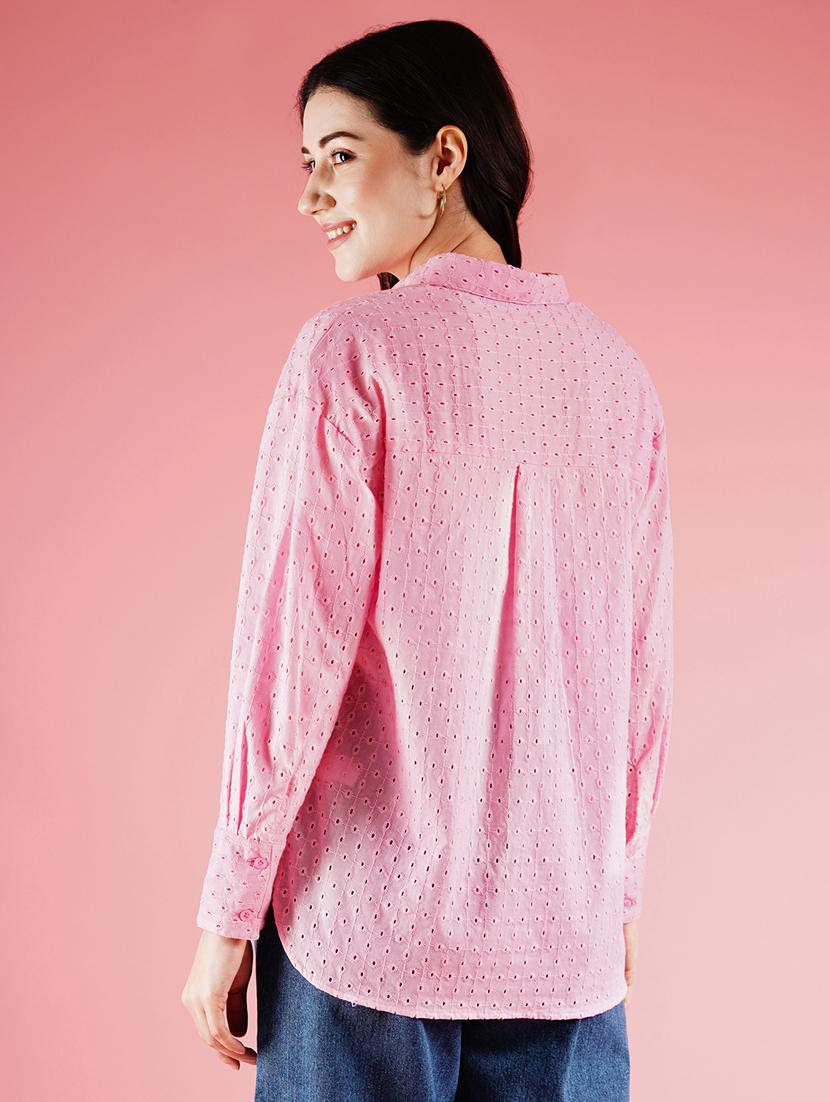 globus women pink cuffed sleeves schiffli design longline workwear shirt - 21178355 - Standard Image - 2