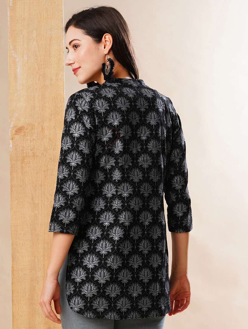 globus women black allover floral printed mandarin collar high low hem a-line workwear tunic - 21178358 - Standard Image - 2