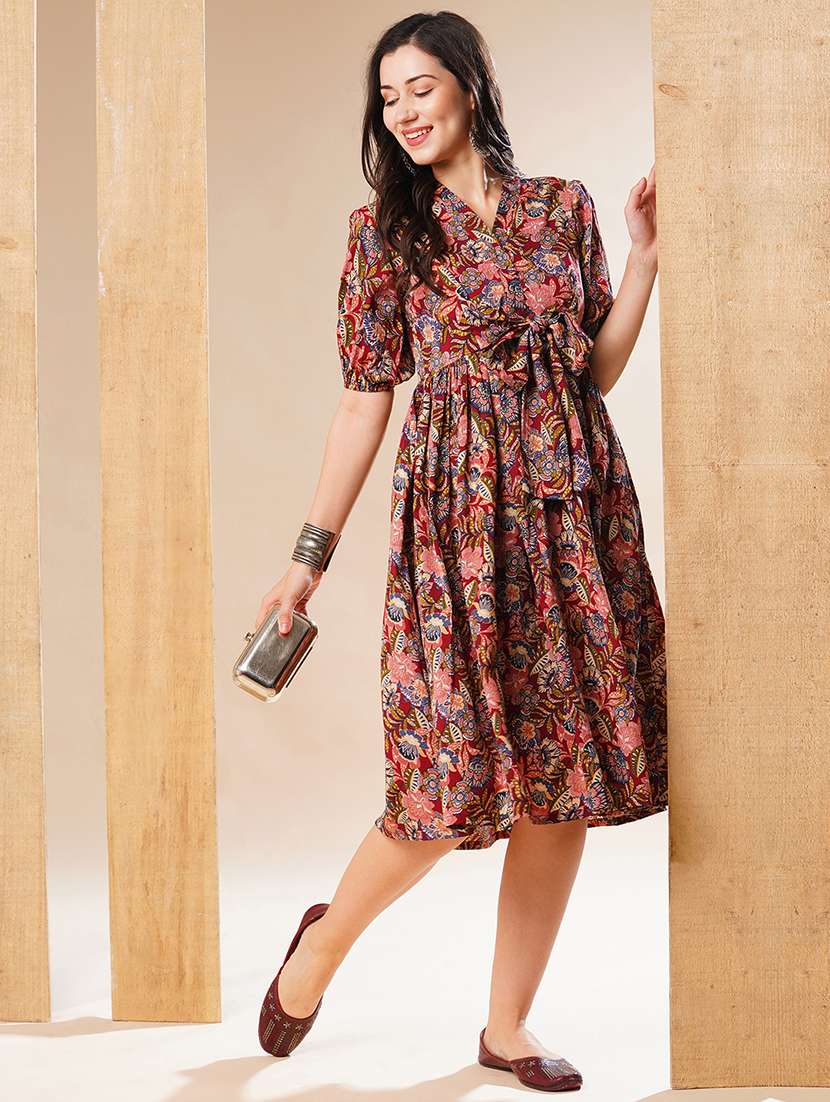 globus women multi v-neck puff sleeves gathered waist bow design fit & flare fusion midi dress