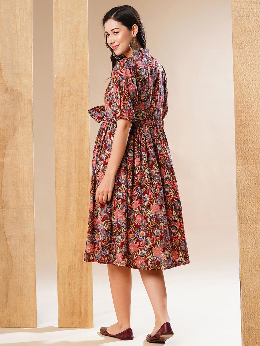 globus women multi v-neck puff sleeves gathered waist bow design fit & flare fusion midi dress - 21178363 - Standard Image - 2