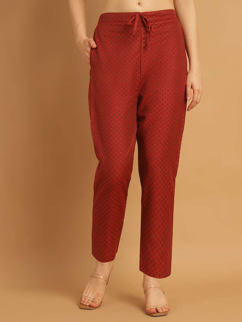 maroon cotton straight tapered pant