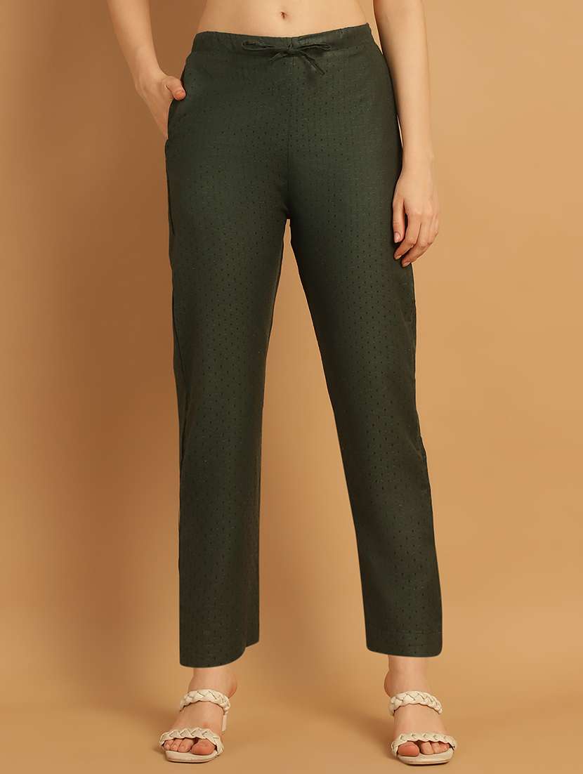 green cotton straight tapered pant