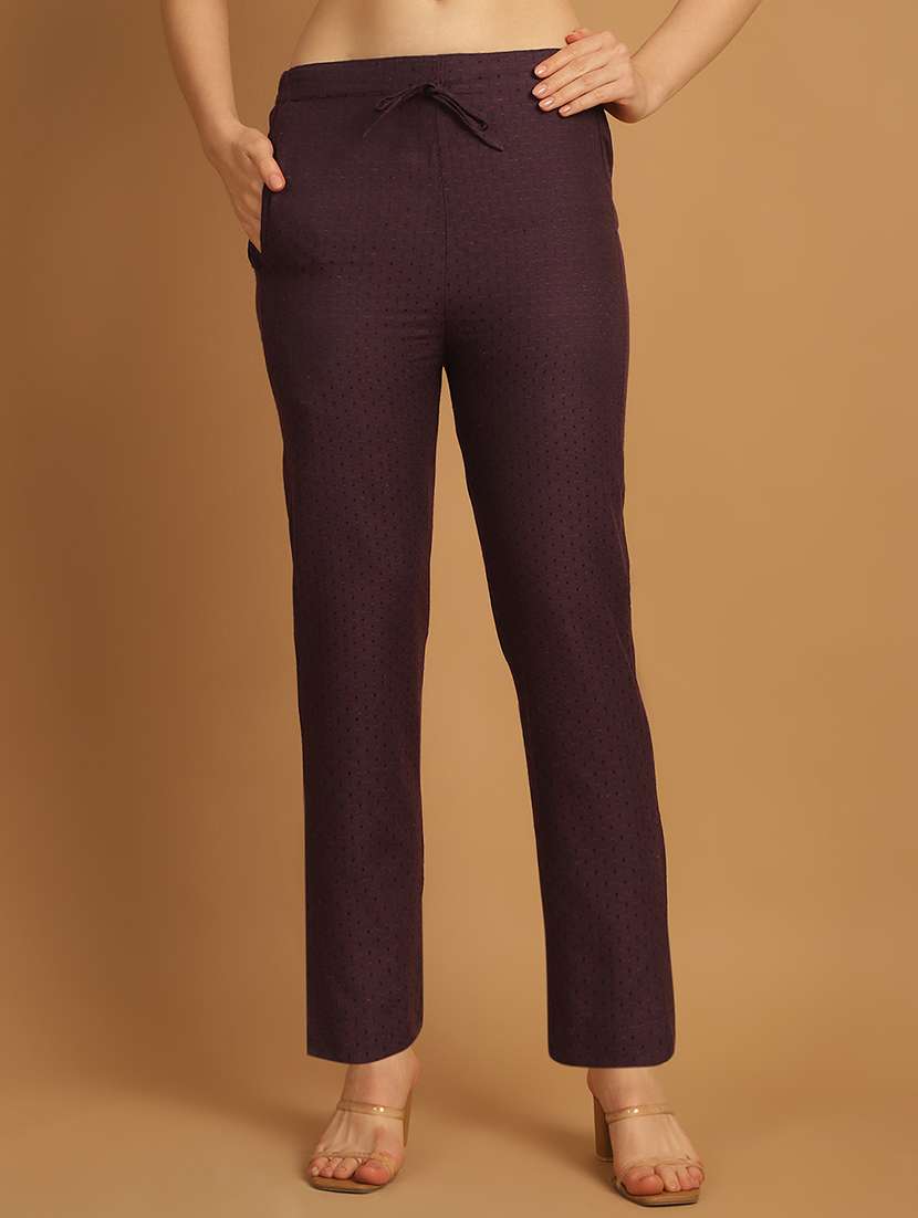 purple self design cotton straight pant
