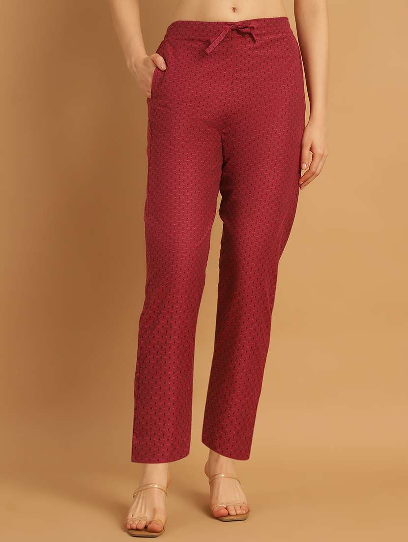 maroon self design cotton straight pant