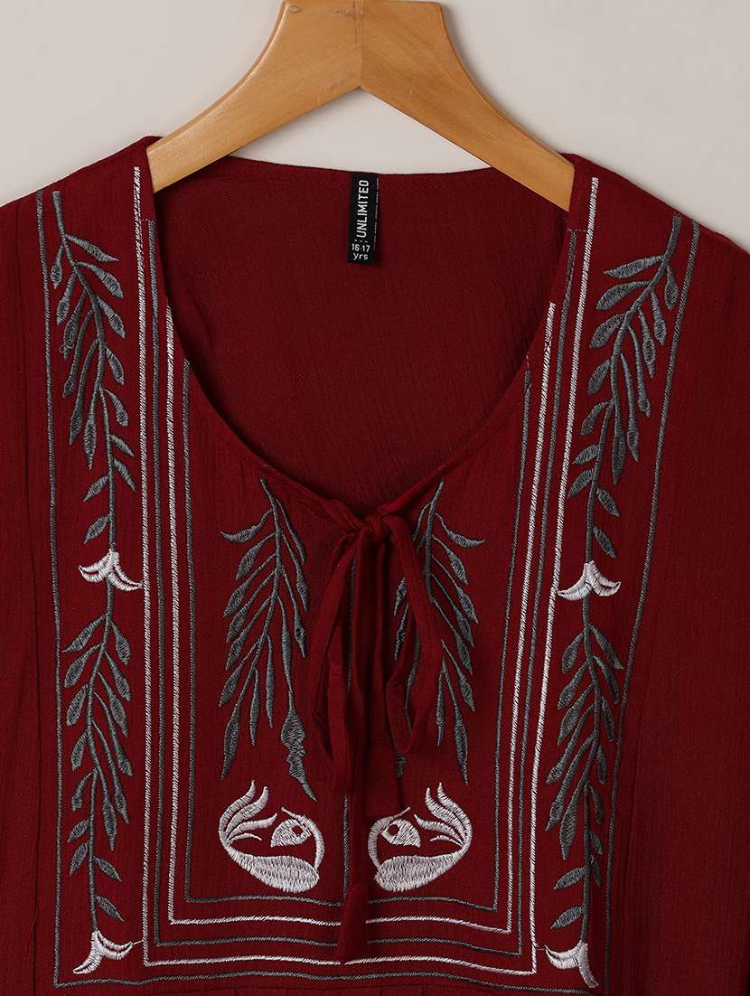 girls maroon embroidered a-line dress - 21180788 -  Standard Image - 2