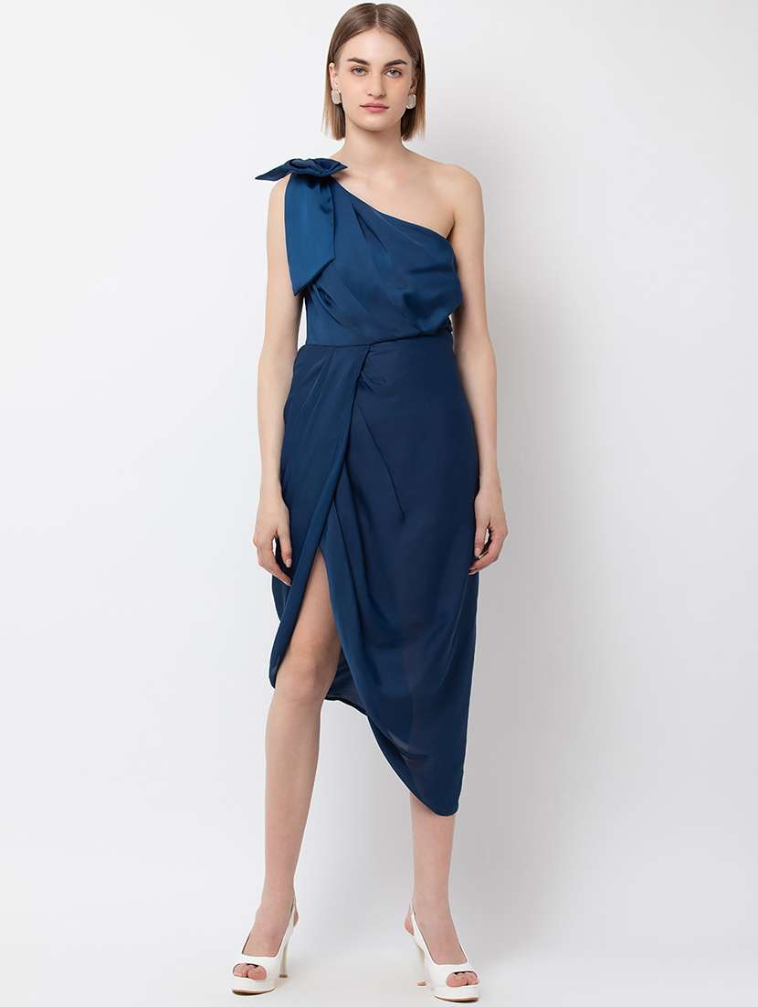 women solid single shoulder asymmetric dress
