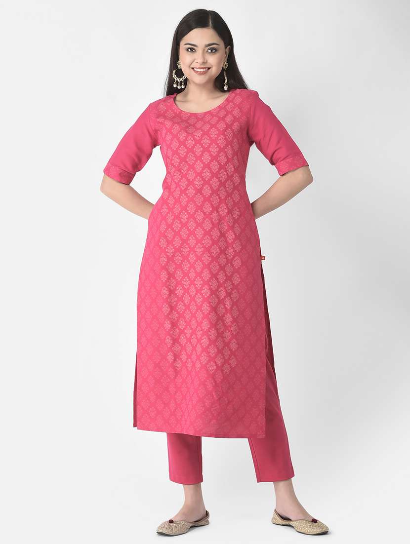 women pink round neck straight kurta