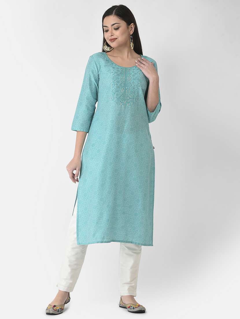 women printed three quarter sleeve straight kurta