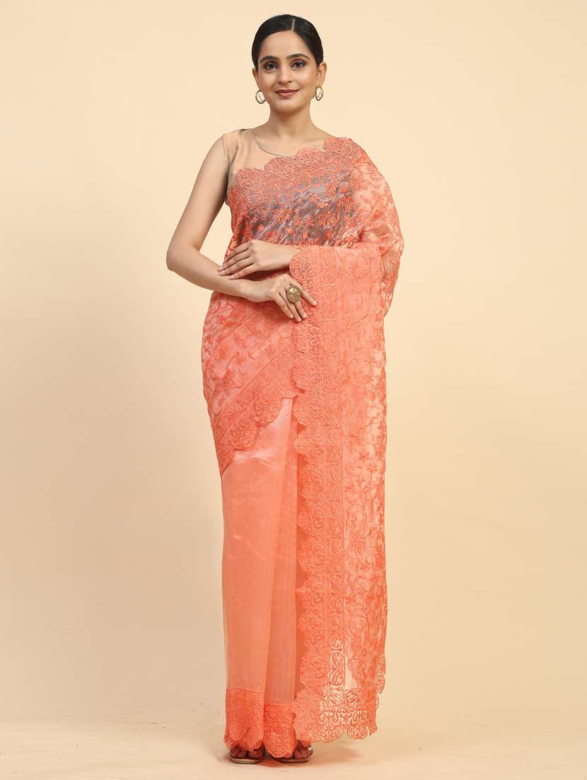 women orange embroidered saree with blouse