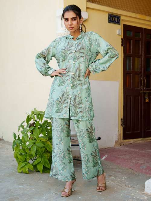 green cotton blend shirt and trouser co-ord set  - 21185216 -  Standard Image - 0