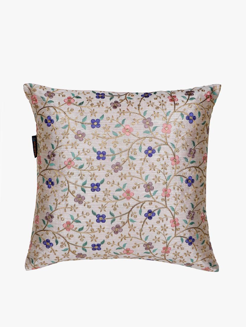 mezposh cream & multi floral embroidered faux silk cushion covers (16"x16") set of 2 - 21186016 - Standard Image - 2