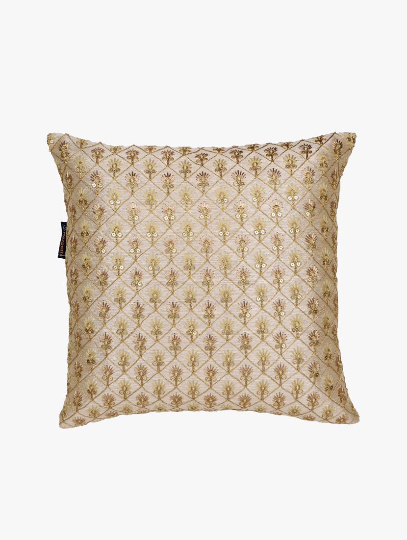 mezposh beige & gold embroidered faux silk cushion covers (16"x16") set of 2 - 21186017 - Standard Image - 2