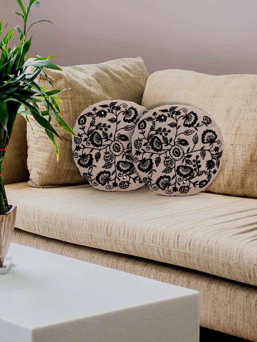 mezposh beige & black floral embroidered chambray canvas cushion covers (16 inch dia) set of 2 - 21186019 - Zoom Image - 0