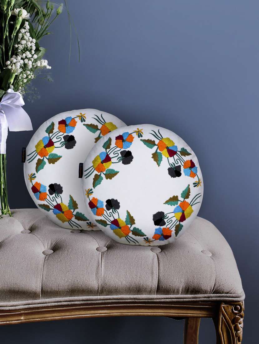 mezposh white & multi floral embroidered cotton canvas cushion covers (16 inch dia) set of 2 - 21186020 - Zoom Image - 0