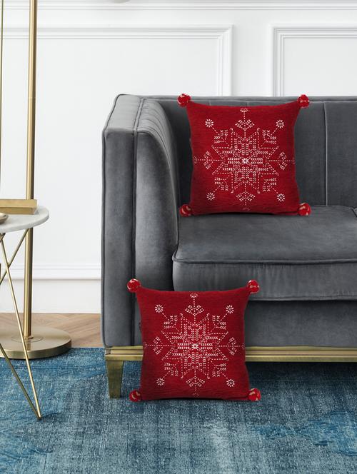 mezposh cherry red & cream snowflake pattern polyvelvet cushion cover (16"x16") set of 2 - 21186021 - Standard Image - 0