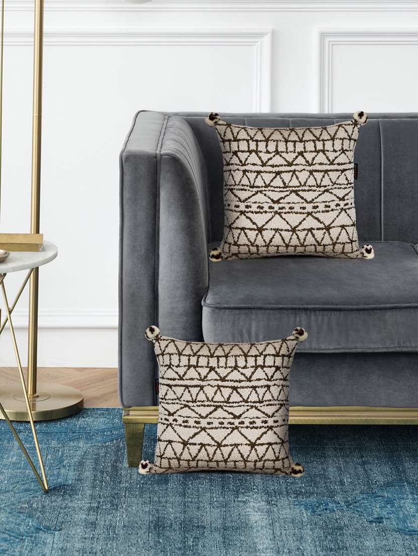 mezposh cream & gold geometric cotton acrylic jacquard cushion covers (16"x16") set of 2