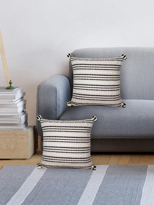 mezposh natural & black striped cotton acrylic jacquard cushion covers (16"x16") set of 2 - 21186026 - Standard Image - 0
