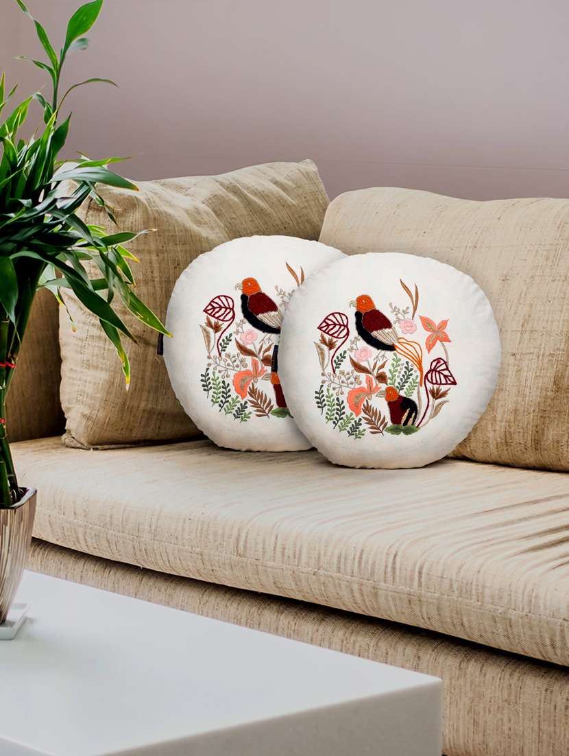 mezposh natural & multi quirky embroidered cotton canvas cushion covers (16 inch dia) set of 2 - 21186028 - Zoom Image - 0