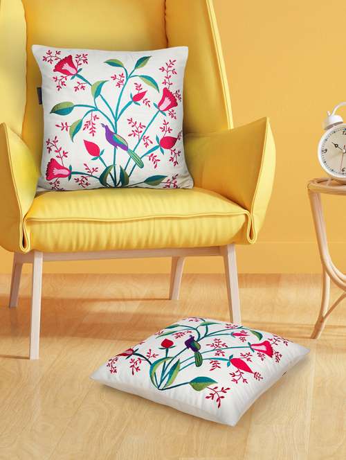 mezposh natural, pink & green quirky embroidered cotton canvas cushion covers (16"x16") set of 2 - 21186029 - Standard Image - 0