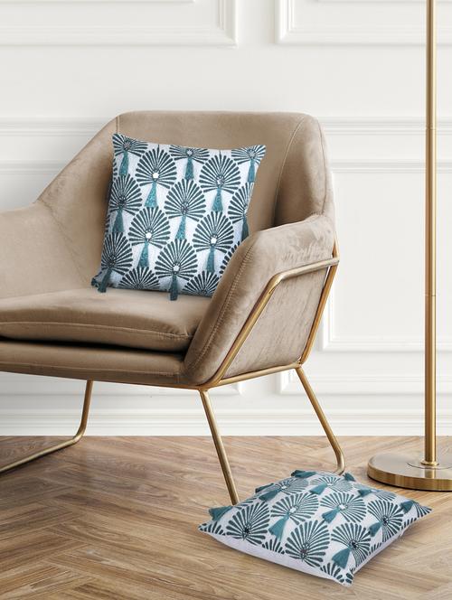 mezposh teal green & white scallop embellished cotton acrylic jacquard cushion covers (16"x16") set of 2 - 21186032 - Standard Image - 0