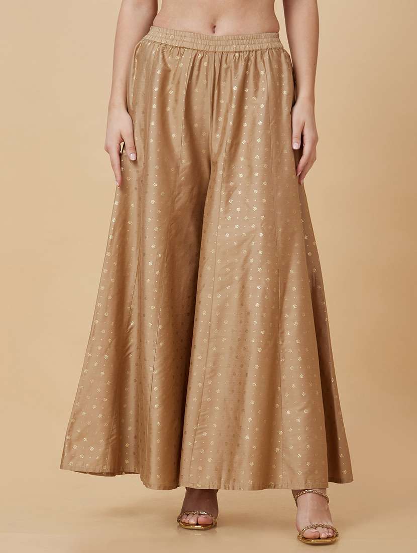 globus women gold foil printed elasticated waist flared ethnic palazzos