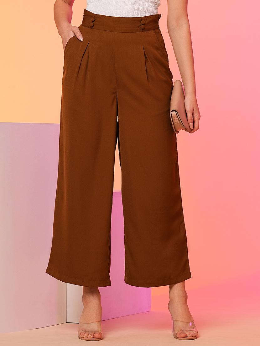 globus women tan high-rise pleated back frilled waist wide leg trousers - 21193419 - Zoom Image - 0