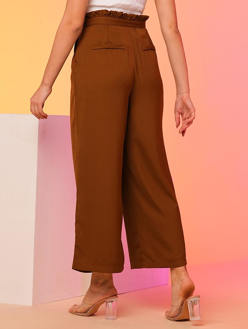 globus women tan high-rise pleated back frilled waist wide leg trousers - 21193419 - Standard Image - 2