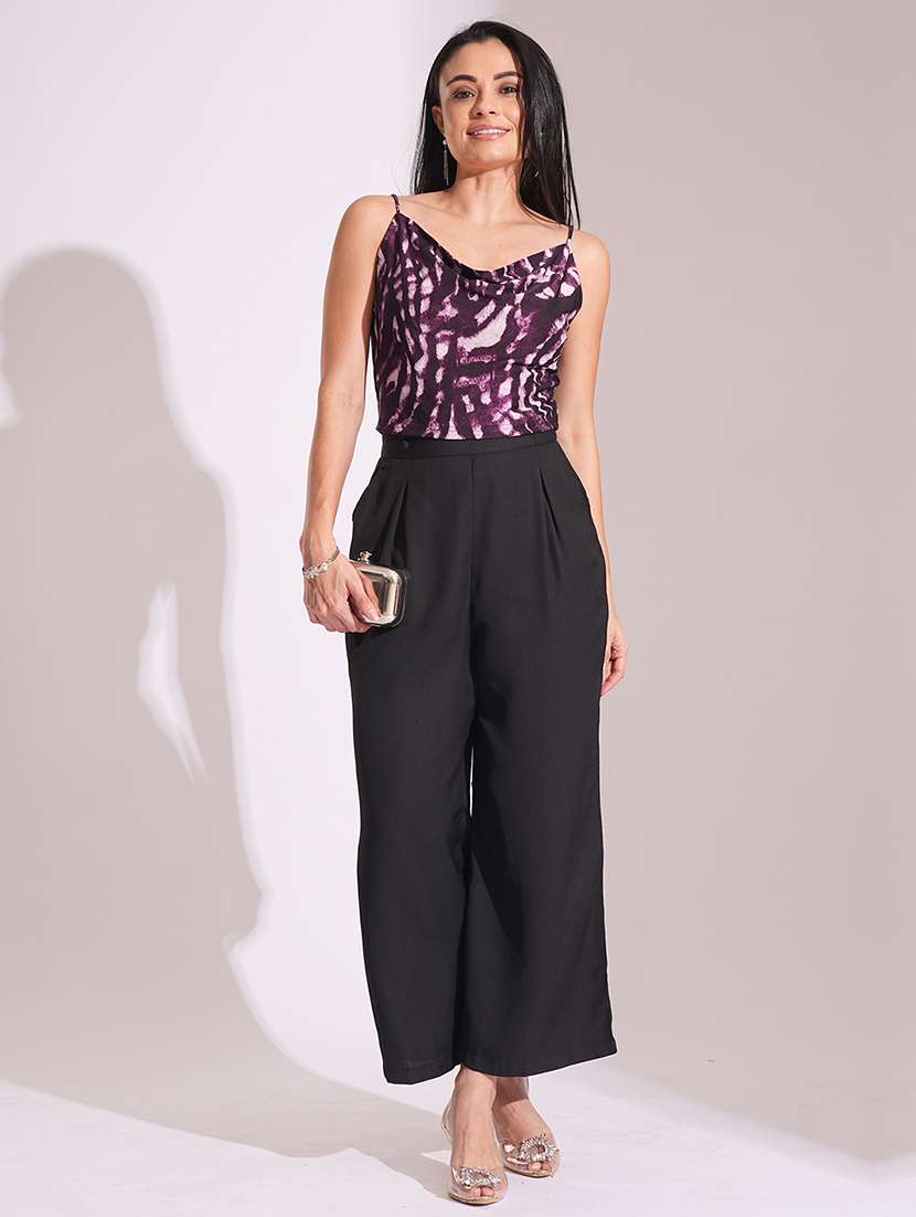 globus women black high-rise pleated back frilled waist wide leg trousers