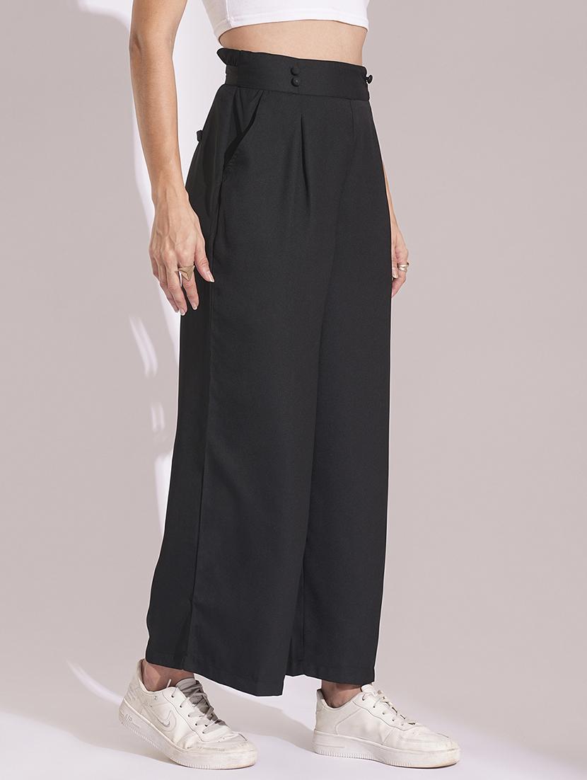globus women black high-rise pleated back frilled waist wide leg trousers - 21193420 - Standard Image - 2