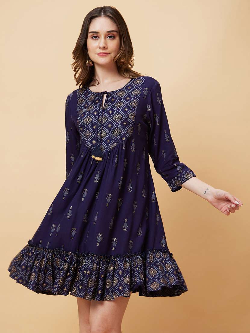 globus women blue tie-up neck gold geometric & bandhani printed yoke tiered a-line fusion dress