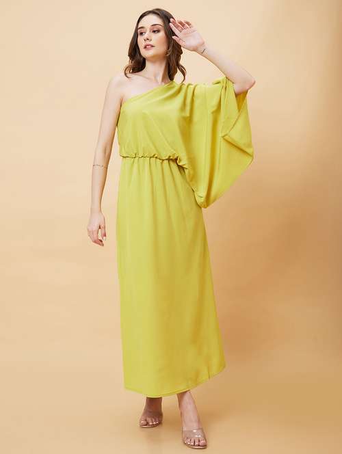 globus women yellow kimono sleeves one shoulder gathered waist fit & flare side slit maxi dress - 21193430 - Standard Image - 0
