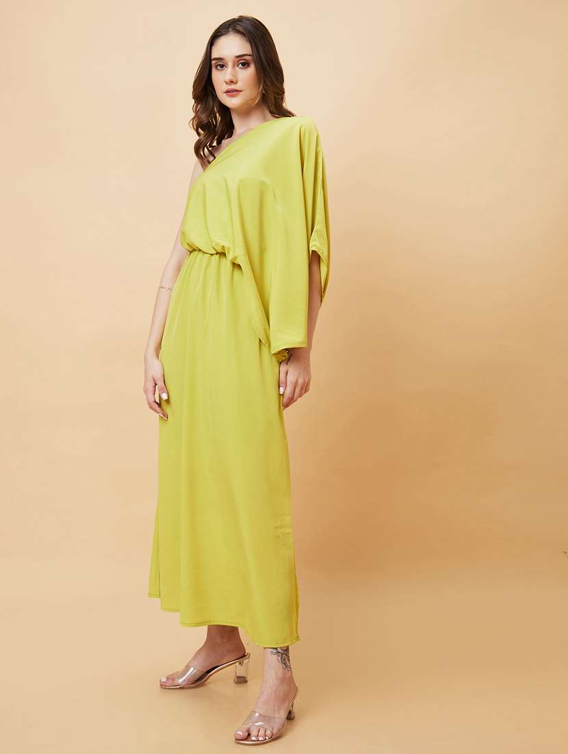 globus women yellow kimono sleeves one shoulder gathered waist fit & flare side slit maxi dress - 21193430 - Standard Image - 2