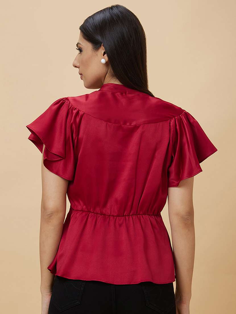 globus women red v neck flutter sleeve peplum party top - 21193432 -  Standard Image - 2