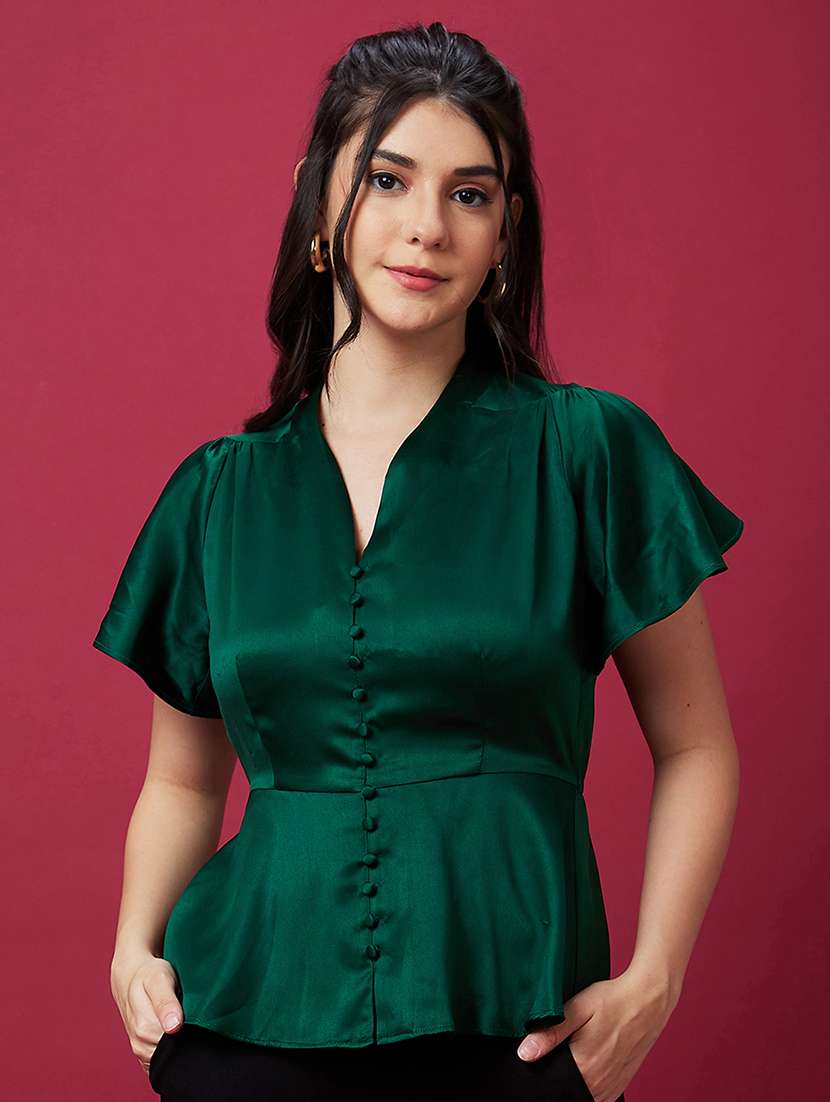 globus women green v neck flutter sleeve peplum party top