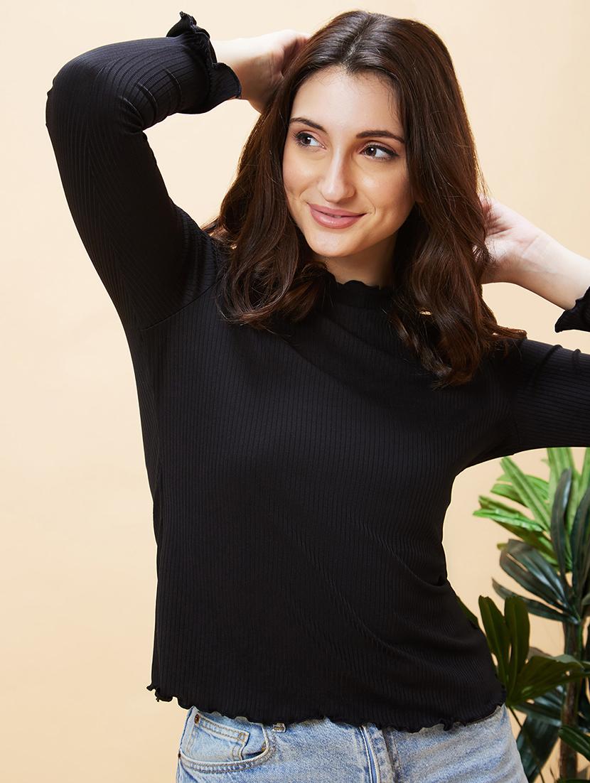 globus women black long sleeve ribbed mock neck lettuce edge top - 21193434 - Standard Image - 2