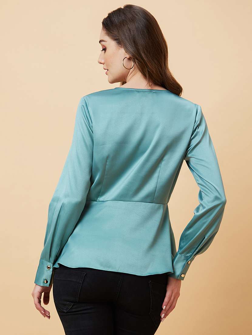 globus women green long cuffed sleeves v neck wrap party top - 21193437 -  Standard Image - 2