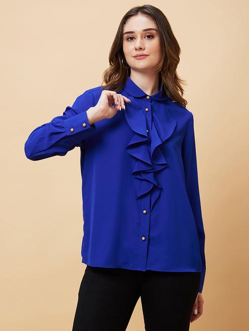 globus women blue cuffed sleeves ruffles shirt style top - 21193439 - Standard Image - 0