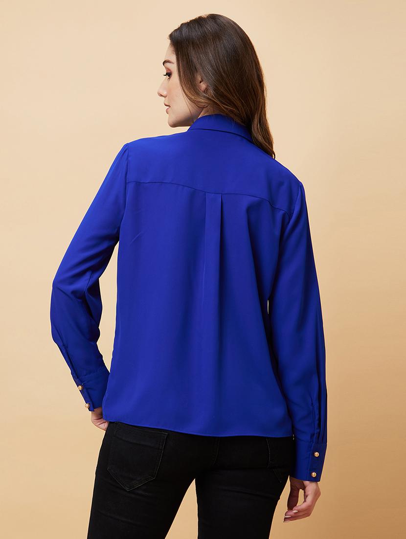 globus women blue cuffed sleeves ruffles shirt style top - 21193439 - Standard Image - 2
