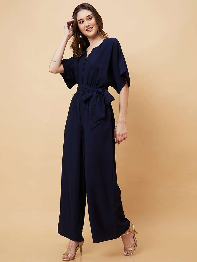 globus women navy round neck with v cut & kimono sleeves waist tie-up longline jumpsuit - 21193474 -  Standard Image - 2