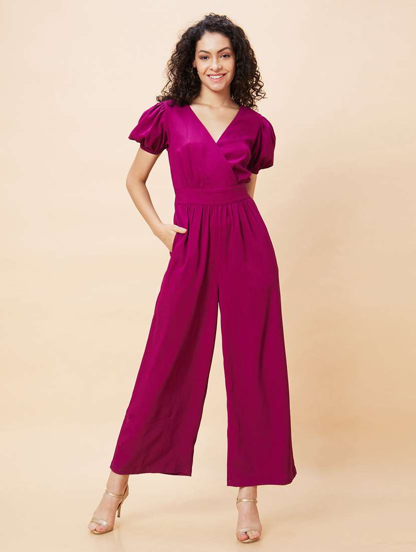 globus women purple wrap neck puff sleeves back waist tie-up long jumpsuit