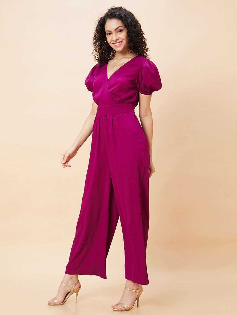 Globus Women Purple Wrap Neck Puff Sleeves Back Waist Tie Up Long Jumpsuit