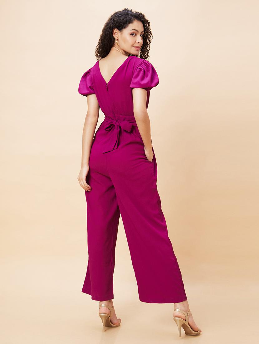 globus women purple wrap neck puff sleeves back waist tie-up long jumpsuit - 21193475 - Standard Image - 2