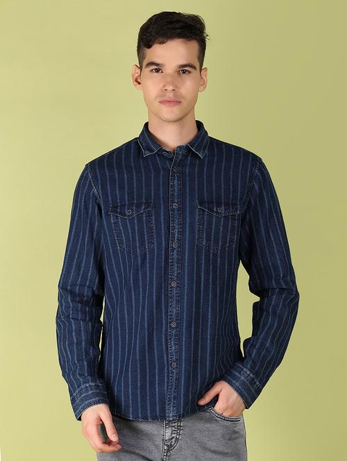 men blue striped regular fit collared casual shirt - 21194988 - Standard Image - 0