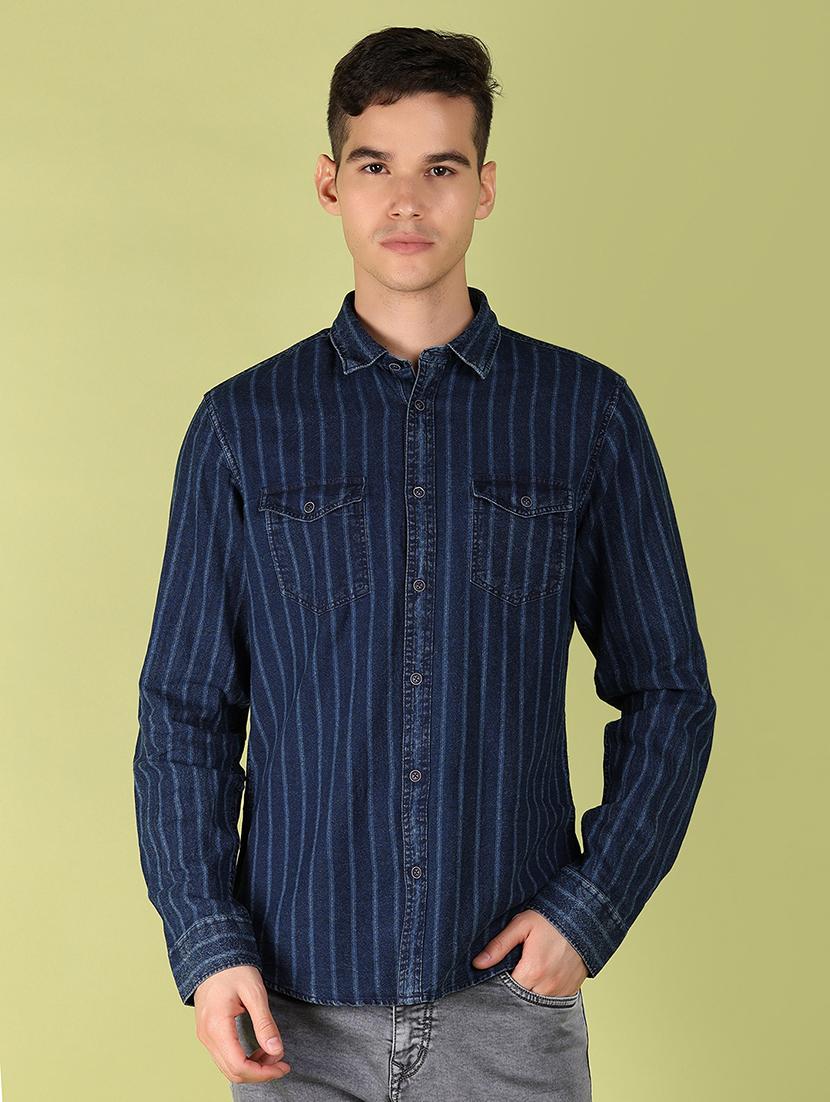 men blue striped regular fit collared casual shirt - 21194988 - Zoom Image - 0