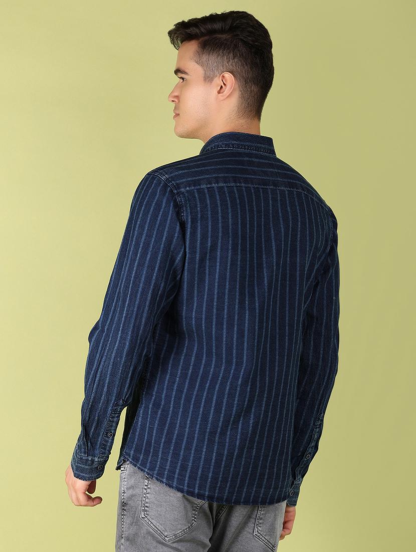 men blue striped regular fit collared casual shirt - 21194988 - Standard Image - 2