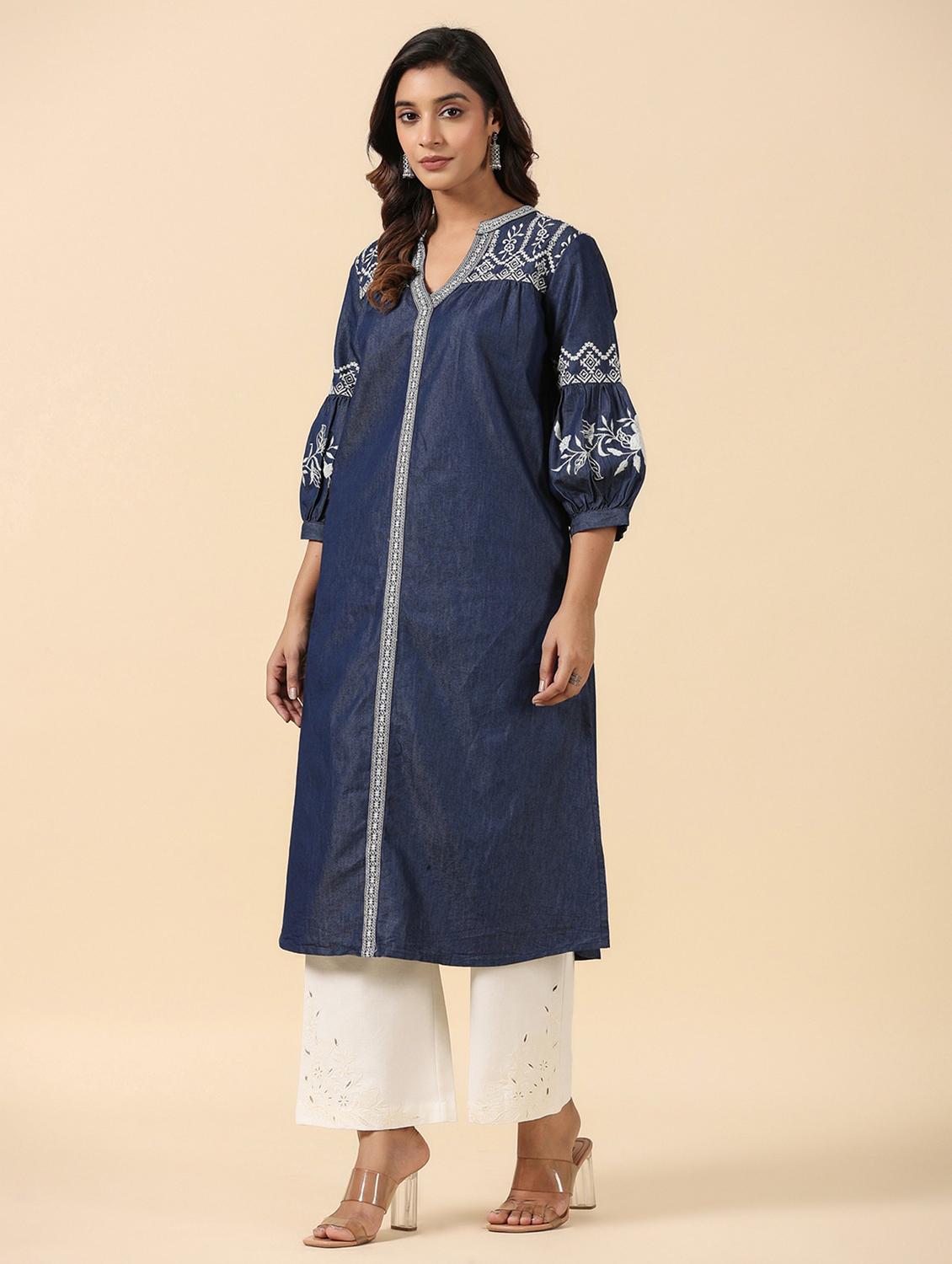 women three quarter sleeve a-line kurta - 21195481 - Standard Image - 2